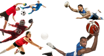 Sport collage. American football, basketball, volleyball, rugby, handball players with balls isolated on transparent background. Concept of sport, achievements, competition, championship.
