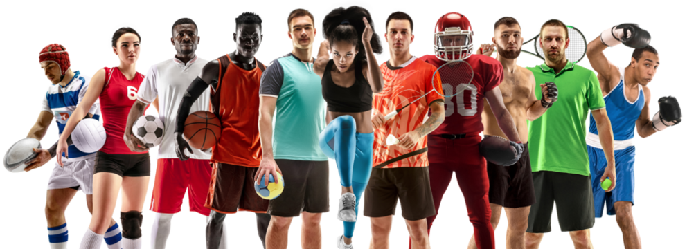 Collage. Tennis, running, badminton, soccer and American football, basketball, handball, volleyball, boxing, MMA fighter and rugby players. woman and men standing isolated on transparent background - Powered by Adobe