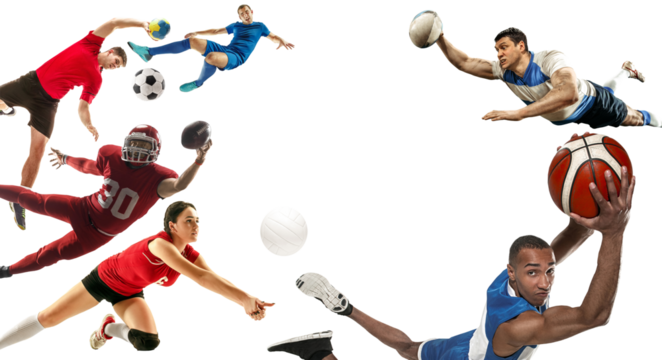 Sport collage. American football, basketball, volleyball, rugby, handball players with balls isolated on transparent background. Concept of sport, achievements, competition, championship. - Powered by Adobe