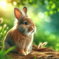 Fototapeta premium A close-up view of a beautiful rabbit looking away with a blurred nature background - Rabbit portrait illustration - Wildlife concept