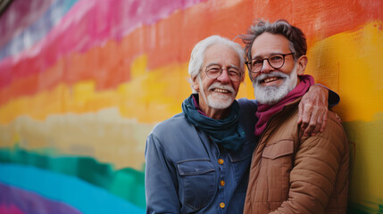 Obraz premium Against a backdrop of a rainbow, a heartwarming scene unfolds as a smiling elderly gay man and a young gay man share a warm embrace, showcasing love transcending generations.