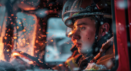 two firemen inside the cabin on an ice cold winter day, wearing black uniforms and helmets with reflective visors, one is driving while another sits in the passenger seat