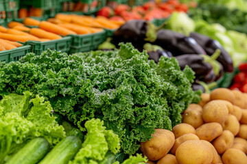 fresh vegetables on stall, Clusters of vibrant green lettuce and kale nestle alongside crisp cucumbers and vibrant bell peppers, their leaves glistening with droplets of condensation