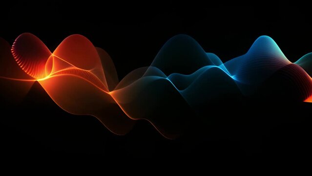 Vibrant turquoise and gold waves overlap in a smooth, sinusoidal motion against darkness.