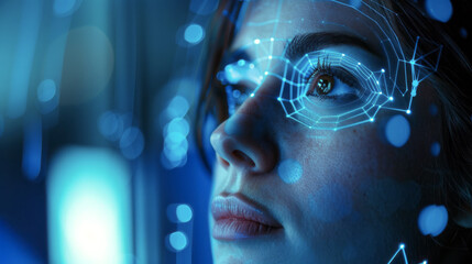  Futuristic Biometric Eye Scan. A close-up image of a woman's face with a glowing biometric eye scan overlay, symbolizing advanced security technology and personal identification systems