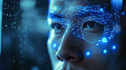 Infrared grid overlays a confident male guards face showcasing a cutting-edge biometric facial recognition system in action bathed in cool futuristic blue lighting 