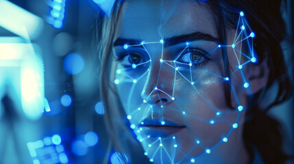 Close-up view of a woman with a biometric scan overlay, highlighting modern security and identification systems.