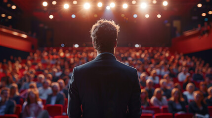 Back view of motivational speaker standing on stage in front of audience at business event