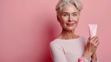 An elegant and confident older woman holding a generic tube of body and skin cream, presenting it with pride as part of a promotion concept.