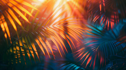Sunlight illuminates the vibrant foliage of a tropical plant, creating a glowing pattern that symbolizes a refreshing summer day.