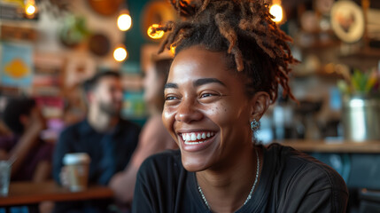 moments of laughter, support, and camaraderie among friends from different walks of life. In a cozy cafe, a diverse group of friends gather to catch up and share stories