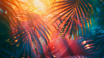 Sunlight brightens the green leaves of a tropical plant, highlighting a warm pattern and evoking a serene summer day.