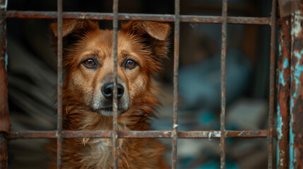 Stray homeless dog in animal cage starving behind the cage old rusty grating