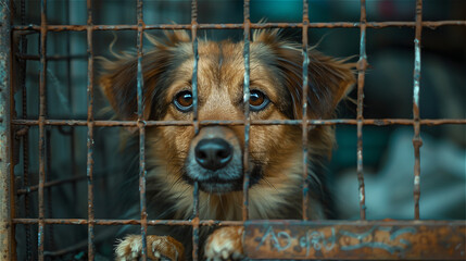 Stray homeless dog in animal cage starving behind the cage old rusty grating