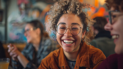 moments of laughter, support, and camaraderie among friends from different walks of life. In a cozy cafe, a diverse group of friends gather to catch up and share stories