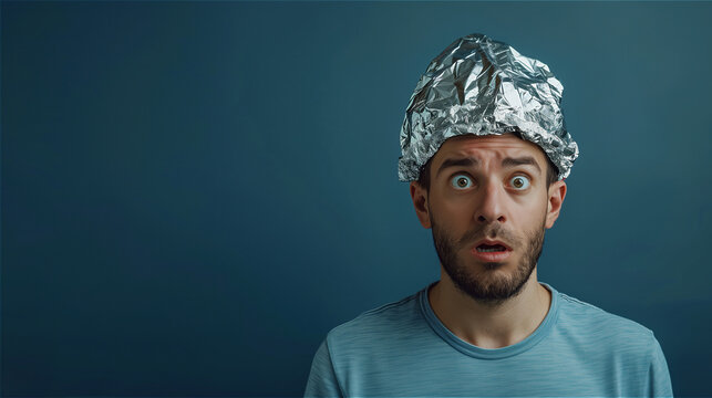 Man with a shocked expression is wearing tin foil hat