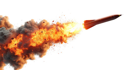 3d render of a rocket with smoke and fire isolated on transparent background.