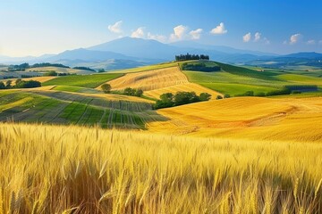 Obraz premium Golden wheat field under clear summer sky, a picturesque symbol of abundance in agriculture