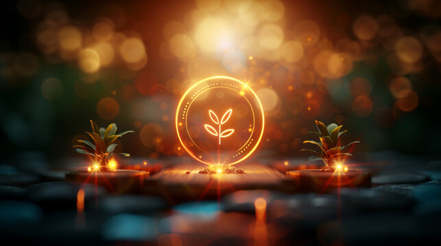 Money tree growing on zen stones with golden light bokeh background
