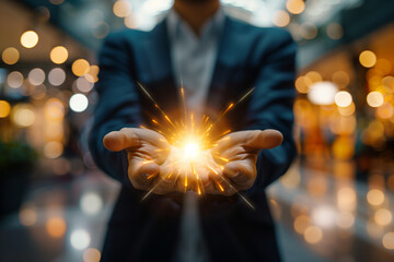 Businessman holding sparkler in his hand. Business and technology concept. - Powered by Adobe