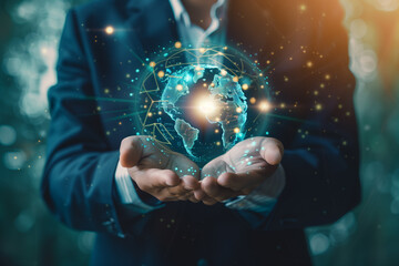 Businessman holding a glowing earth globe in his hands, global business concept