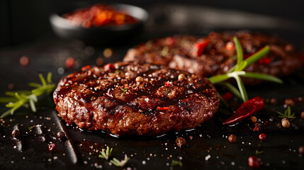 Succulent beef sizzles on a grilled patty against a black background, tender and flavorful, arranged to entice with its juicy perfection, highlighting the appeal of a perfectly grilled hamburger.