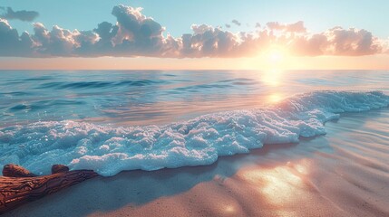 Serene Sunrise at a Coastal Beach with Frothy Waves and Driftwood

