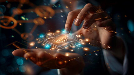 Businesswoman on blurred background using holographic pie chart interface 3D rendering