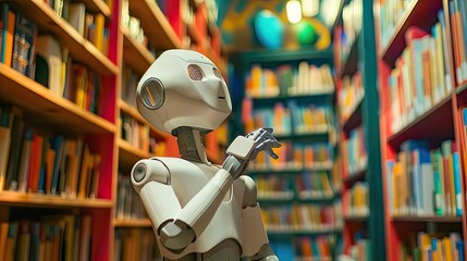 Fototapeta premium robot in library around book shells Generative AI