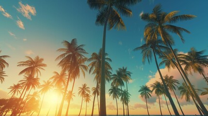 A vivid landscape of tall palm trees silhouetted against a clear blue sky.