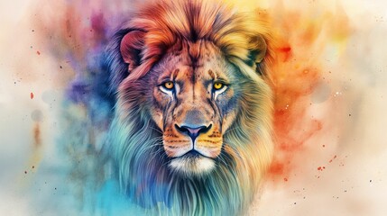 A watercolor illustration of a majestic male lion's face.