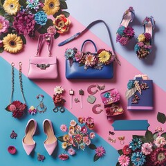 Obraz premium Luxurious Floral-Inspired Fashion Accessories Arranged in Stylish Flat Lay Composition