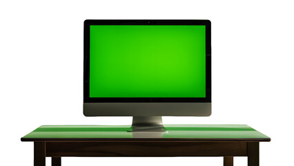 Minimalistic workspace with monitor . The monitor displays a green screen