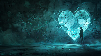 Shattered heart symbol with cracks, against a dark background. A lone figure stands nearby, hunched in sorrow, their silhouette illuminated by a glimmer of hope, symbolizing resilience.
