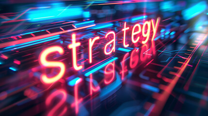The words "Strategy" glow brightly in LED lights against a sleek, futuristic background, evoking a sense of innovation and forward-thinking. The vibrant colors and dynamic composition to visual impact