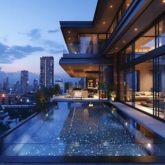 A lavish penthouse overlooking a shimmering skyline, where opulence meets modernity.  - obrazy, fototapety, plakaty
