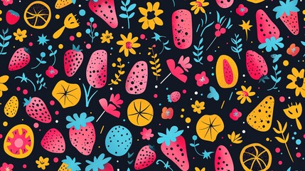 cute stawbery fruit seamless pattern nursery design cartoon style illustration with grungy texture, Generative Ai