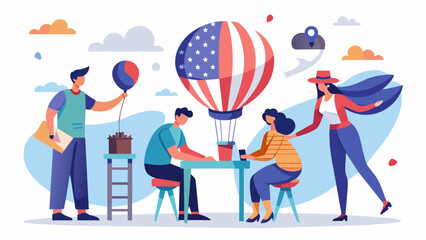 Naklejka premium A bustling balloon art workshop with artists diligently working on creating various patriotic sculptures.. Vector illustration