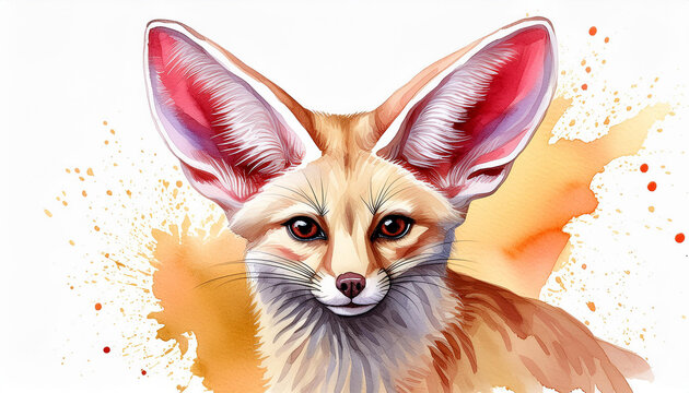 Watercolor painting of fennec fox. Animal portrait. Hand drawn art. Detailed illustration.