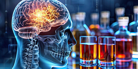 Alcohol-related Brain Damage: The Cognitive Impairment and Ataxia - Visualize a person with highlighted brain showing effects of alcohol, experiencing cognitive impairment and ataxia - obrazy, fototapety, plakaty