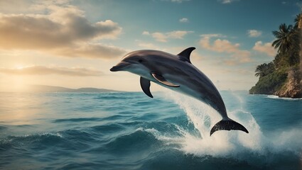 dolphin jumping out of water HD 8K wallpaper Stock Photographic Image