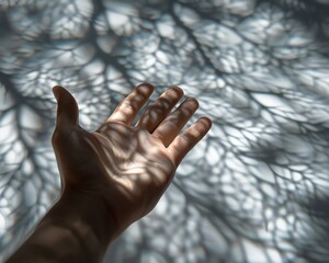 A hand casting a shadow that breaks into fractals, challenging the integrity of light and shadow in a quantum world