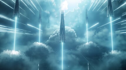 A series of futuristic, floating obelisks emitting beams of light that converge on a central cloud, representing advanced threat detection and neutralization in cloud security. 
