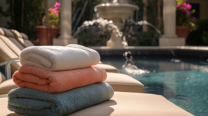 Close-up: Amidst the tranquil sounds of a bubbling fountain in the hotel courtyard, the professional maid carefully arranges a stack of fresh towels on the plush lounge chairs, the