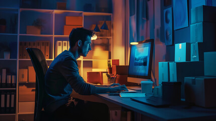 With the soft glow of a desk lamp illuminating his workspace, the owner-man entrepreneur sits at his computer, reviewing incoming online orders and updating shipping information. A