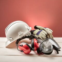 gloves.a variety of work safety protection equipment elegantly presented on a wooden table, with a vibrant red background serving as a bold contrast, promoting workplace safety practices - obrazy, fototapety, plakaty