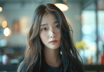 A closeup of a beautiful korean woman with long shiny hair of a healthy and smooth texture, in a hair salon background