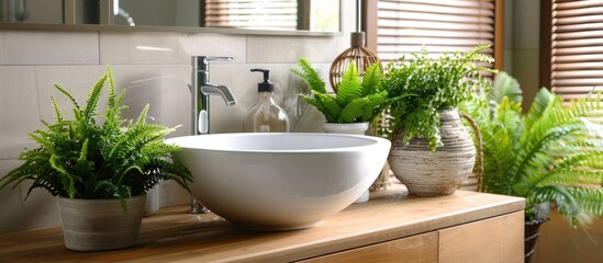 Interior design features include lovely green plants positioned next to a vessel sink on the bathroom countertop.