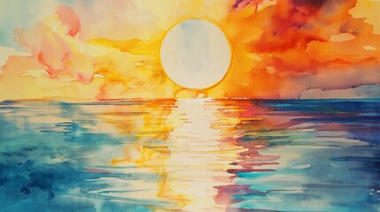 Watercolor illustration of sunset over the ocean. Abstract art style.