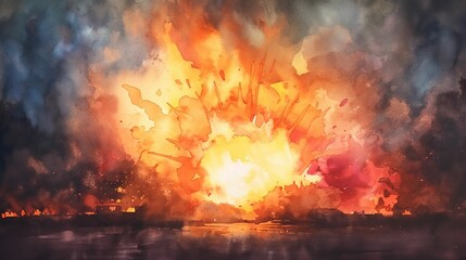 Watercolor illustration of a dramatic explosion in an urban setting with city skyline.